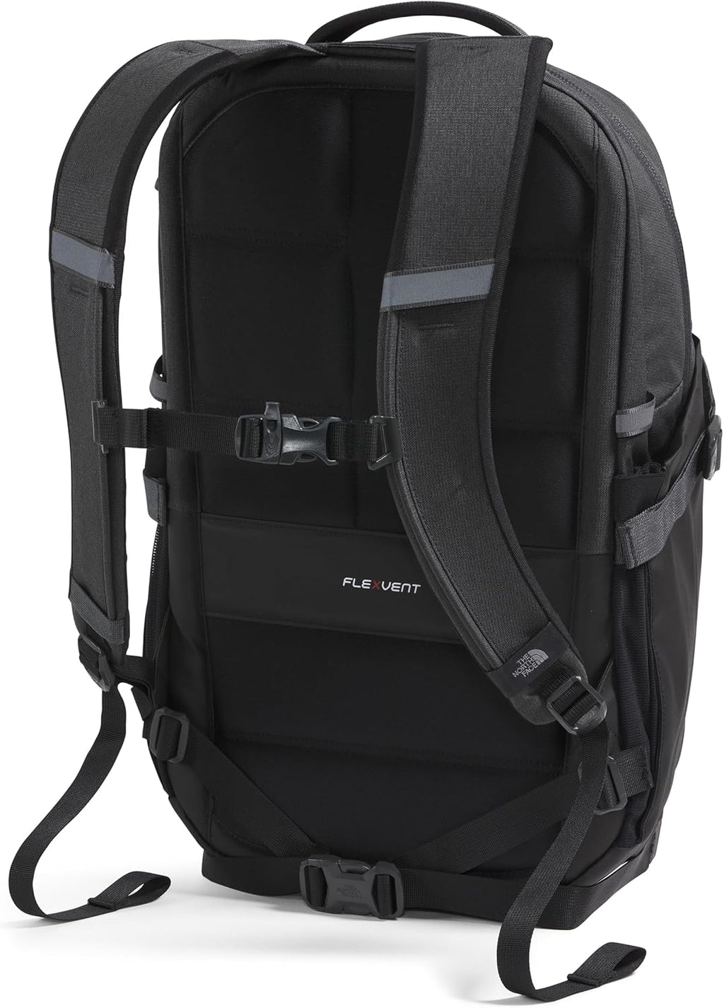 Black backpack with visible brand logo on a white background