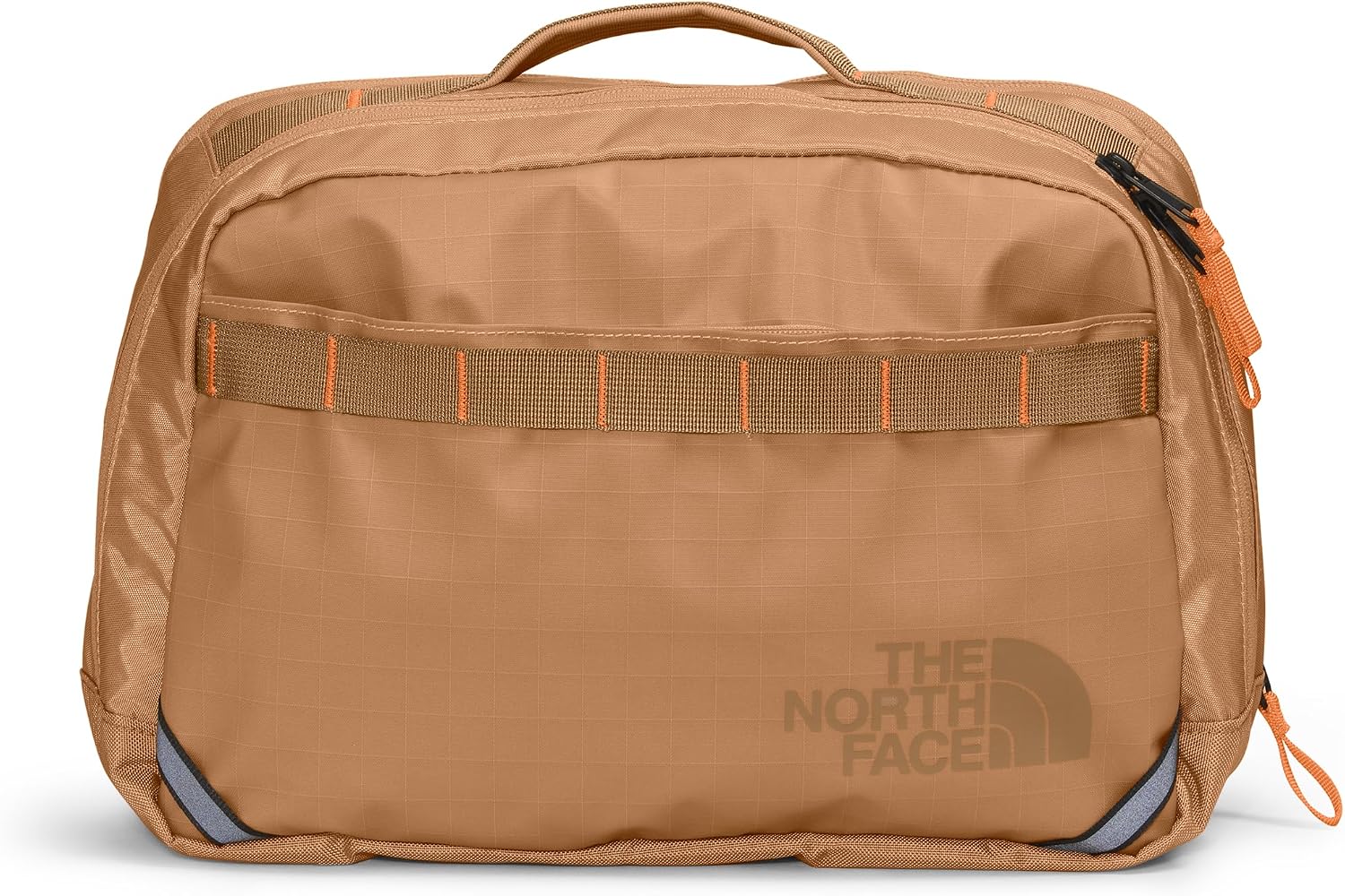 The North Face tan utility bag with orange accents and a front utility webbing strap, shown on a white background.