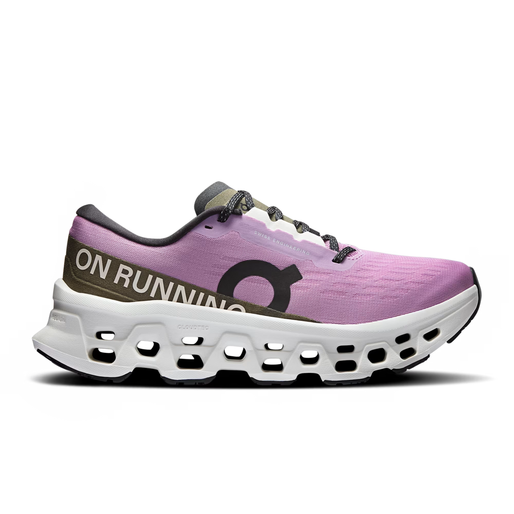 Purple running shoe with white sole on a white background
