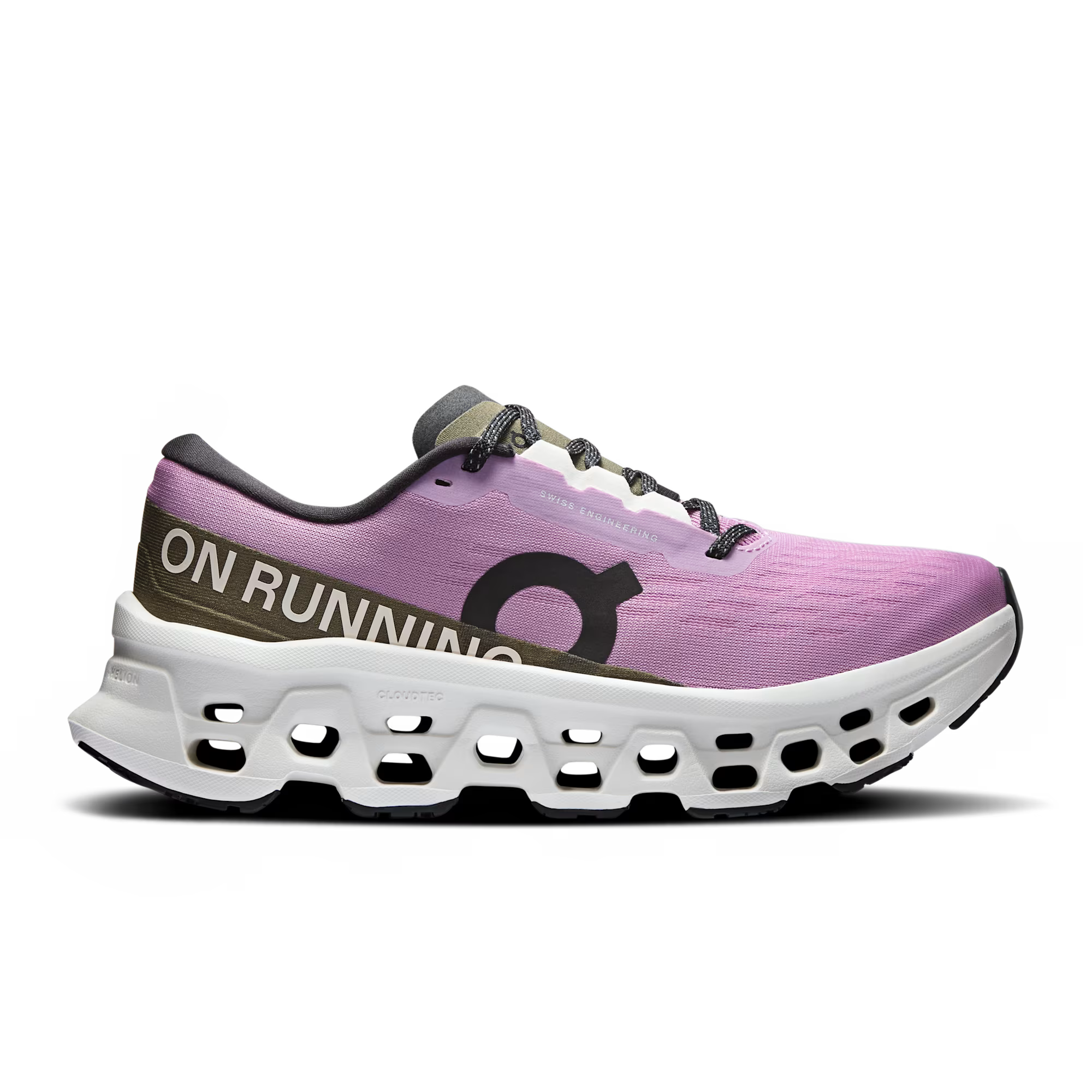 Purple running shoe with white sole on a white background