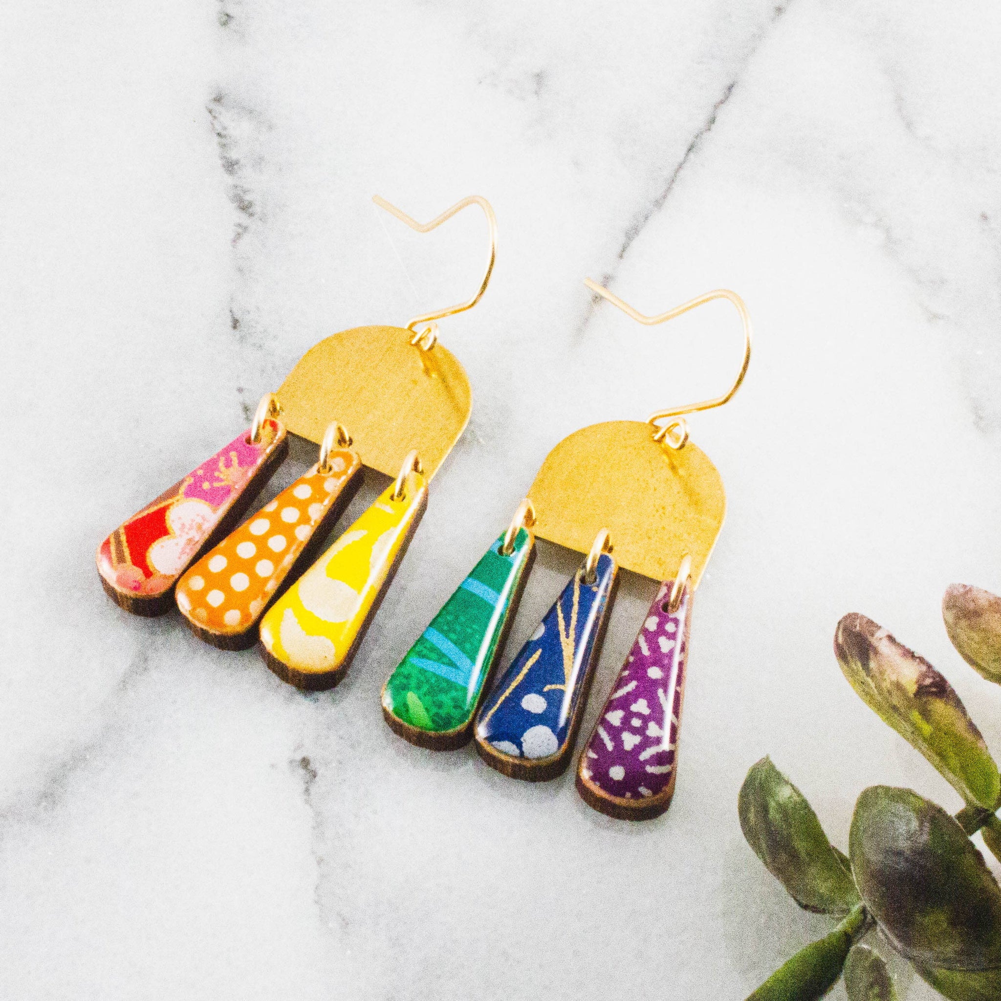 Rainbow Collage Brass Drop Earrings