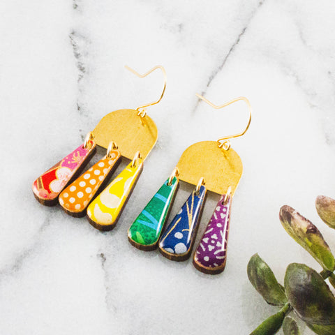 Rainbow Collage Brass Drop Earrings