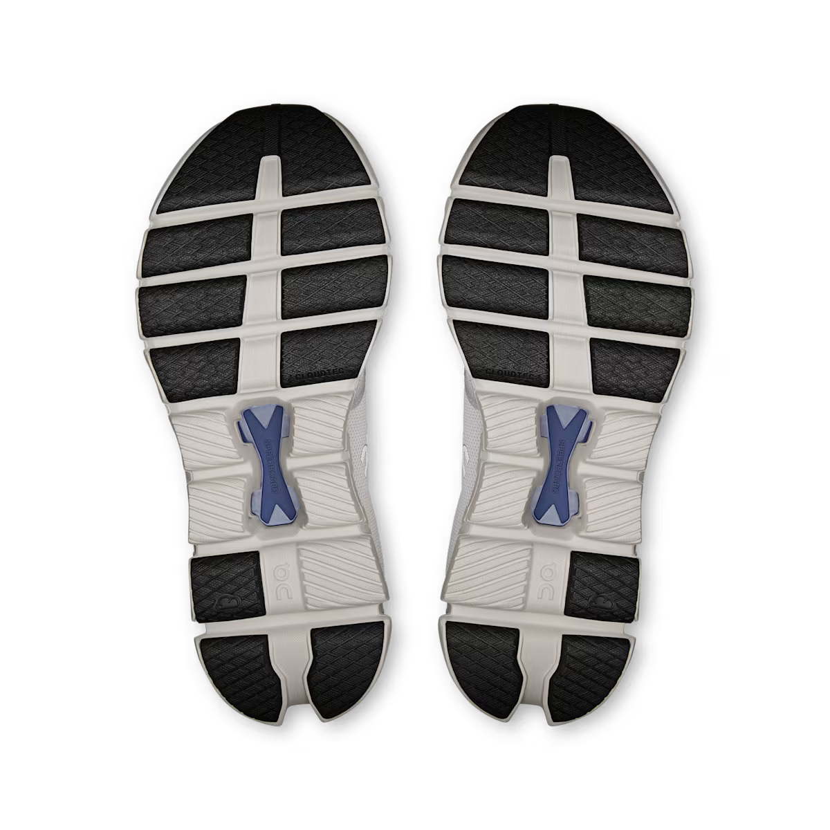 Top view of a pair of running shoes with a white sole and black tread pattern on a white background.
