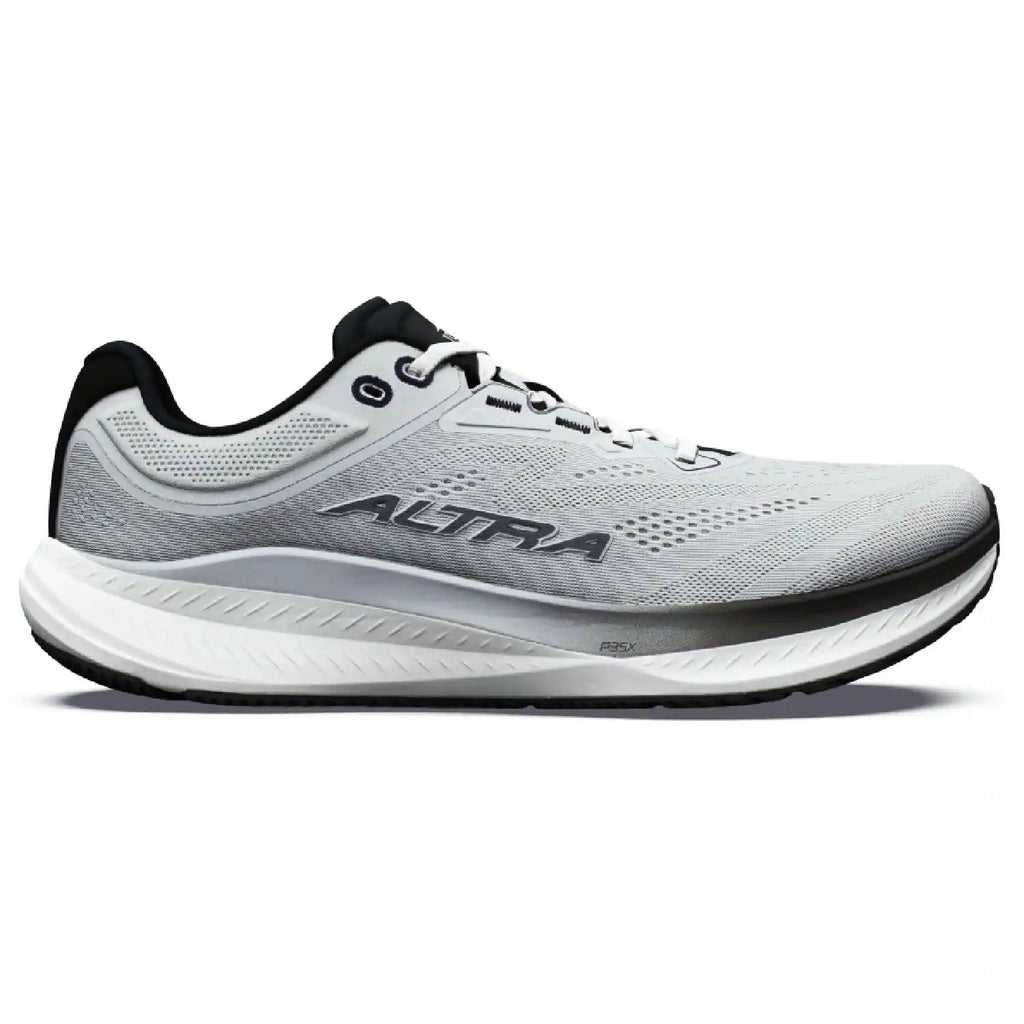 A light gray and white running shoe with black accents, featuring the 'ALTRA' brand name on the side, shown in a side profile view against a white background.