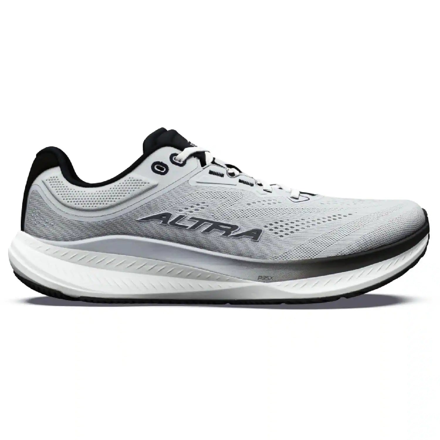 A light gray and white running shoe with black accents, featuring the 'ALTRA' brand name on the side, shown in a side profile view against a white background.