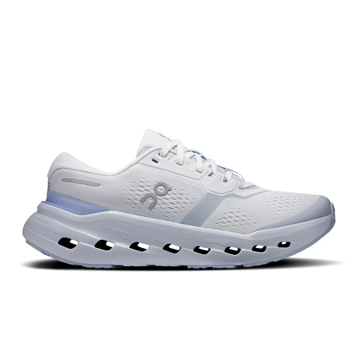 White running shoe with blue accents on a transparent background