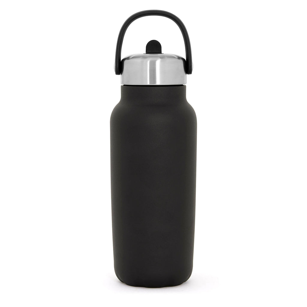 Black water bottle with a silver cap on a white background