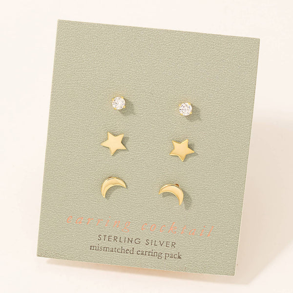 Fame Accessories - Sterling Silver Mismatched Star Stud Earrings Set