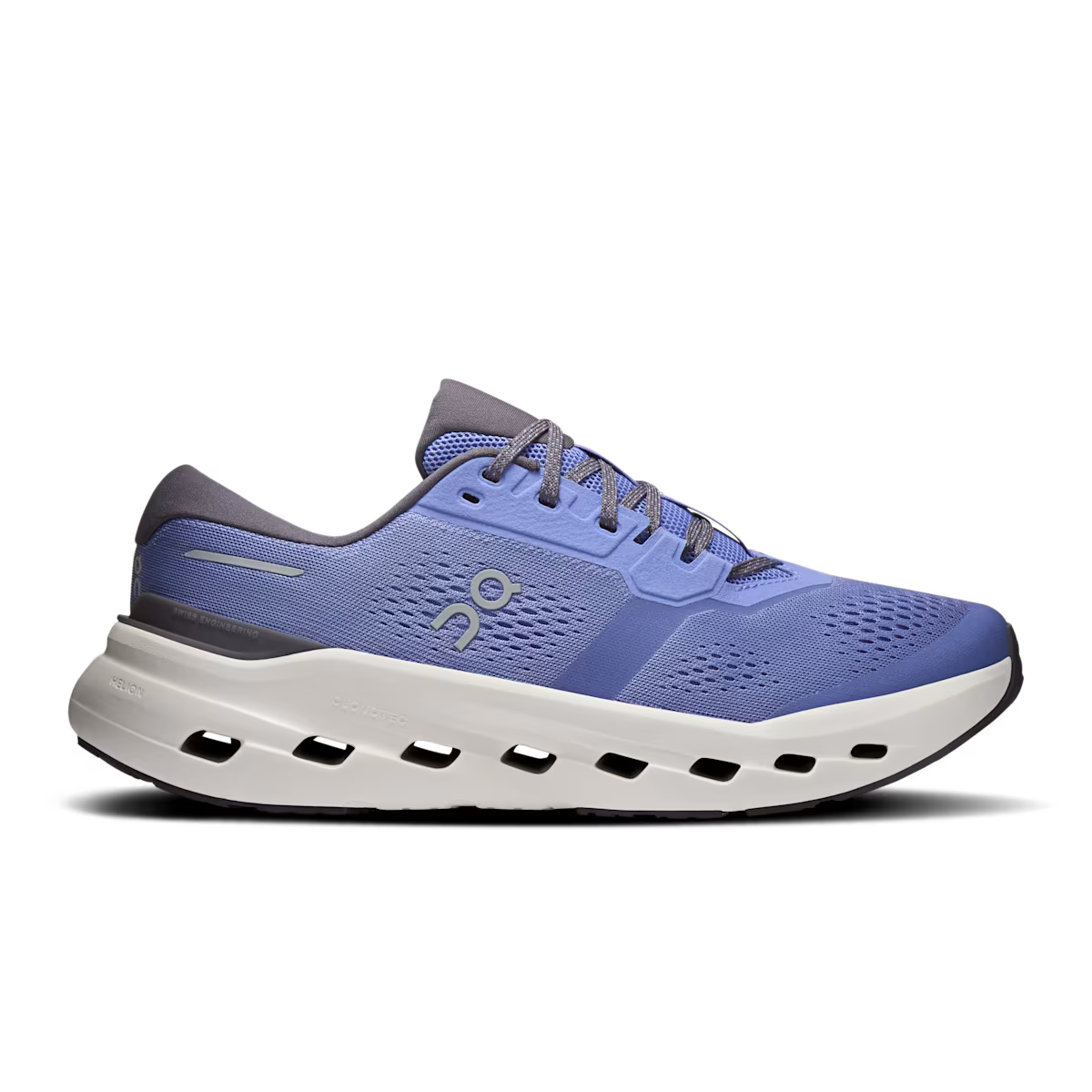 Blue running shoe with white sole on a white background