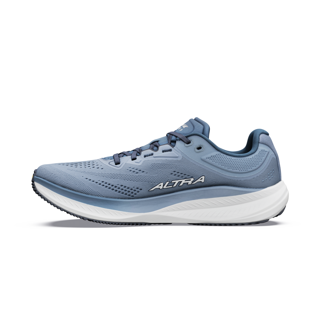 A single Altra running shoe in a dusty slate blue color with a thick white midsole, shown from a side profile view against a plain white background.