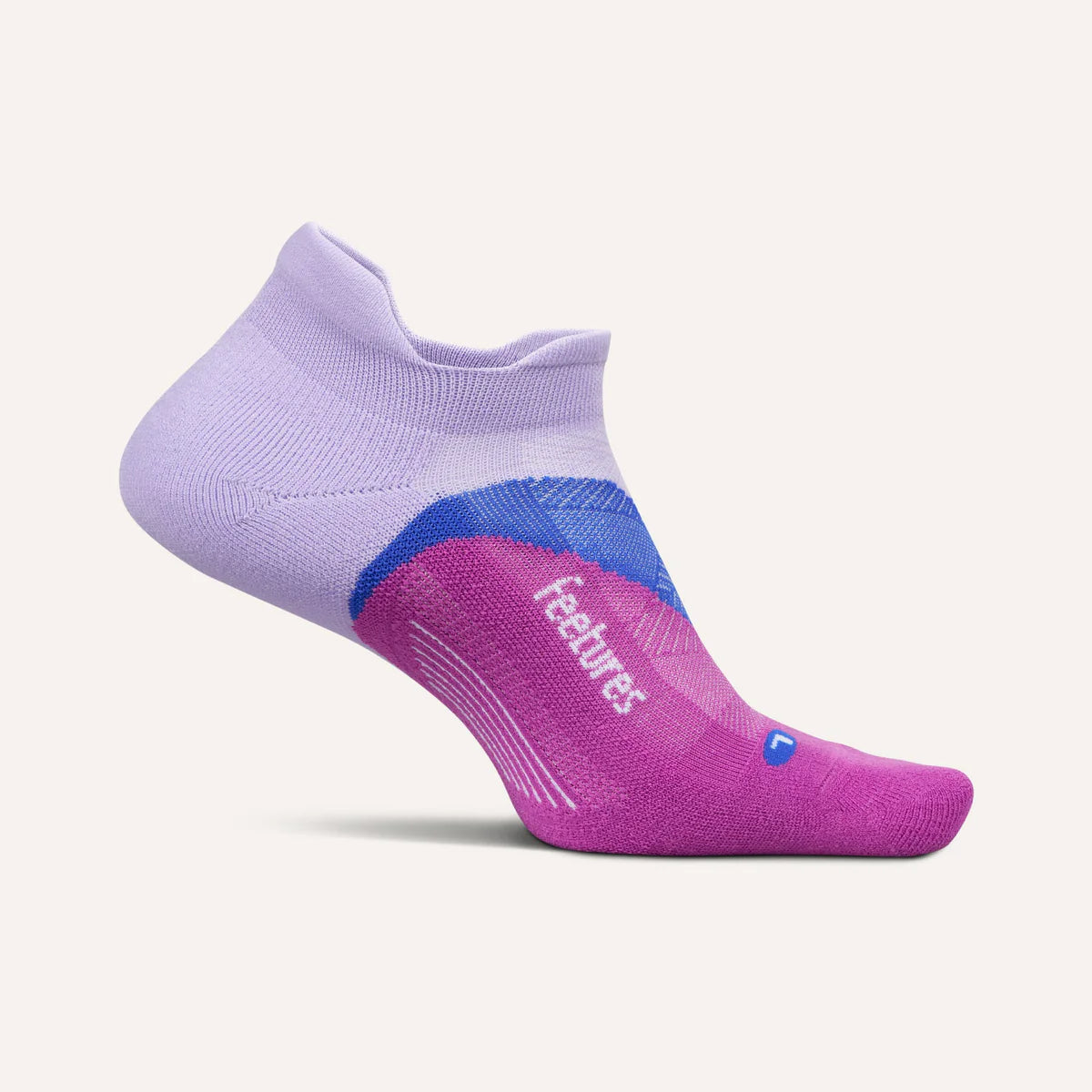 A single low-cut athletic sock in lavender, blue, and magenta, shown from a side profile on a light cream background. The brand name 'features.