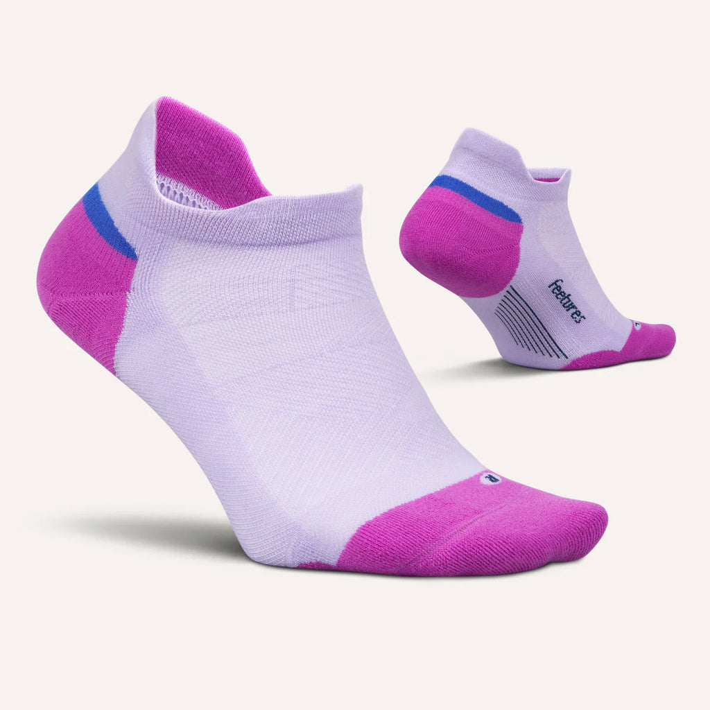 A pair of low-cut athletic socks in white with bright pink toe, heel, and cuff accents, plus a thin blue stripe near the heel. One sock is shown from the side/back and the other from the front, on a light cream background.