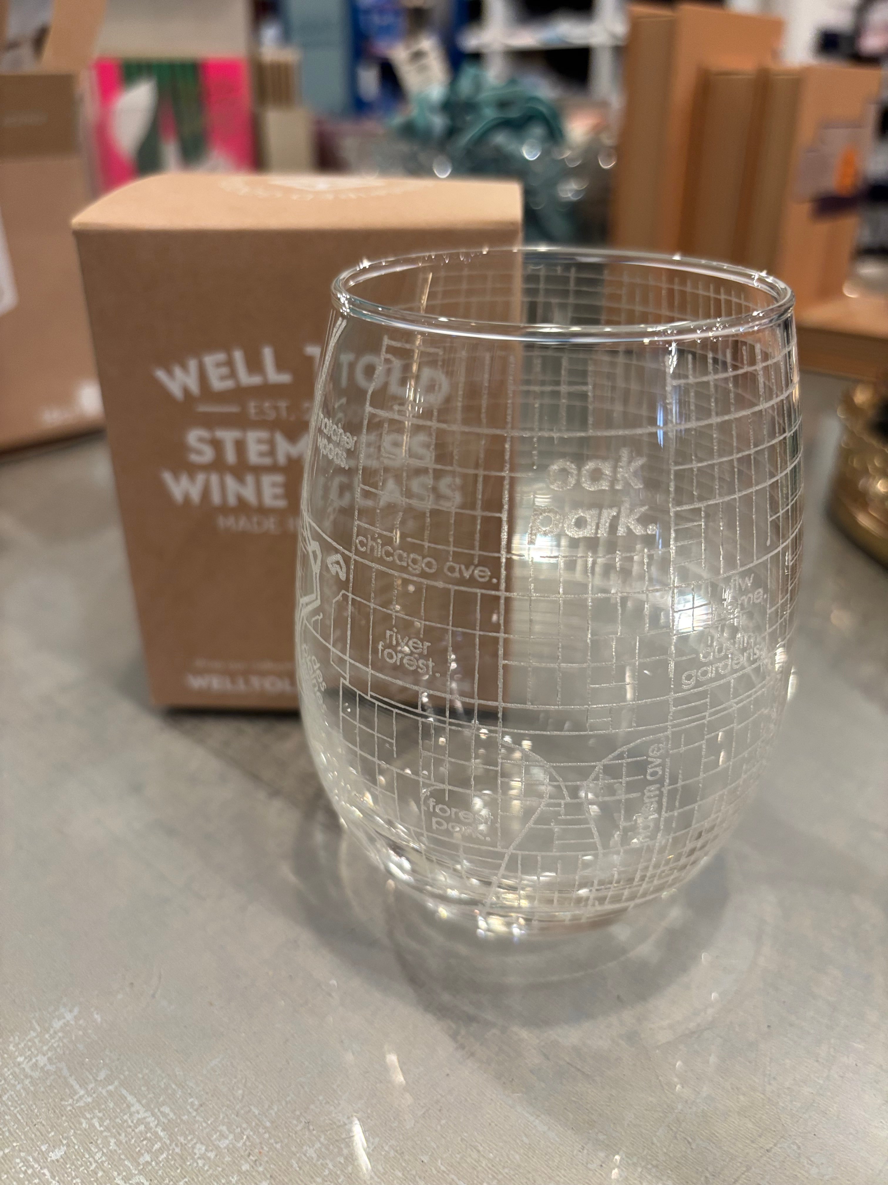 Oak Park Etched | Stemless Wine Glass