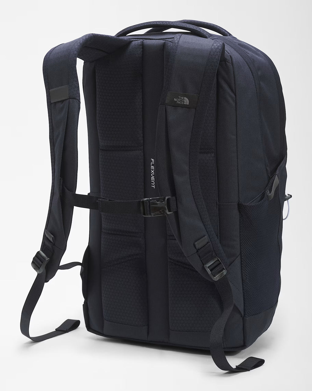 The front view of a dark navy blue backpack from The North Face, featuring a padded back panel, adjustable shoulder straps, and a top carry handle, set against a plain light gray background.