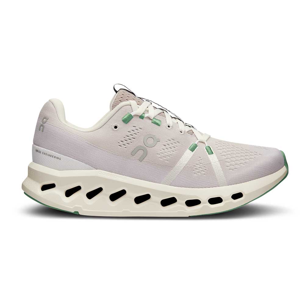 White running shoe with unique sole design on a white background