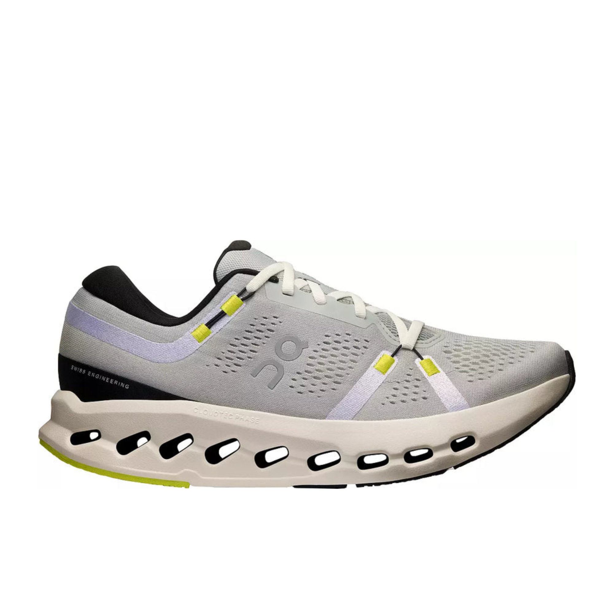 A light gray On running shoe with white laces, a thick cream-colored cushioned sole, and small neon yellow accents on the side and heel, shown against a plain white background.