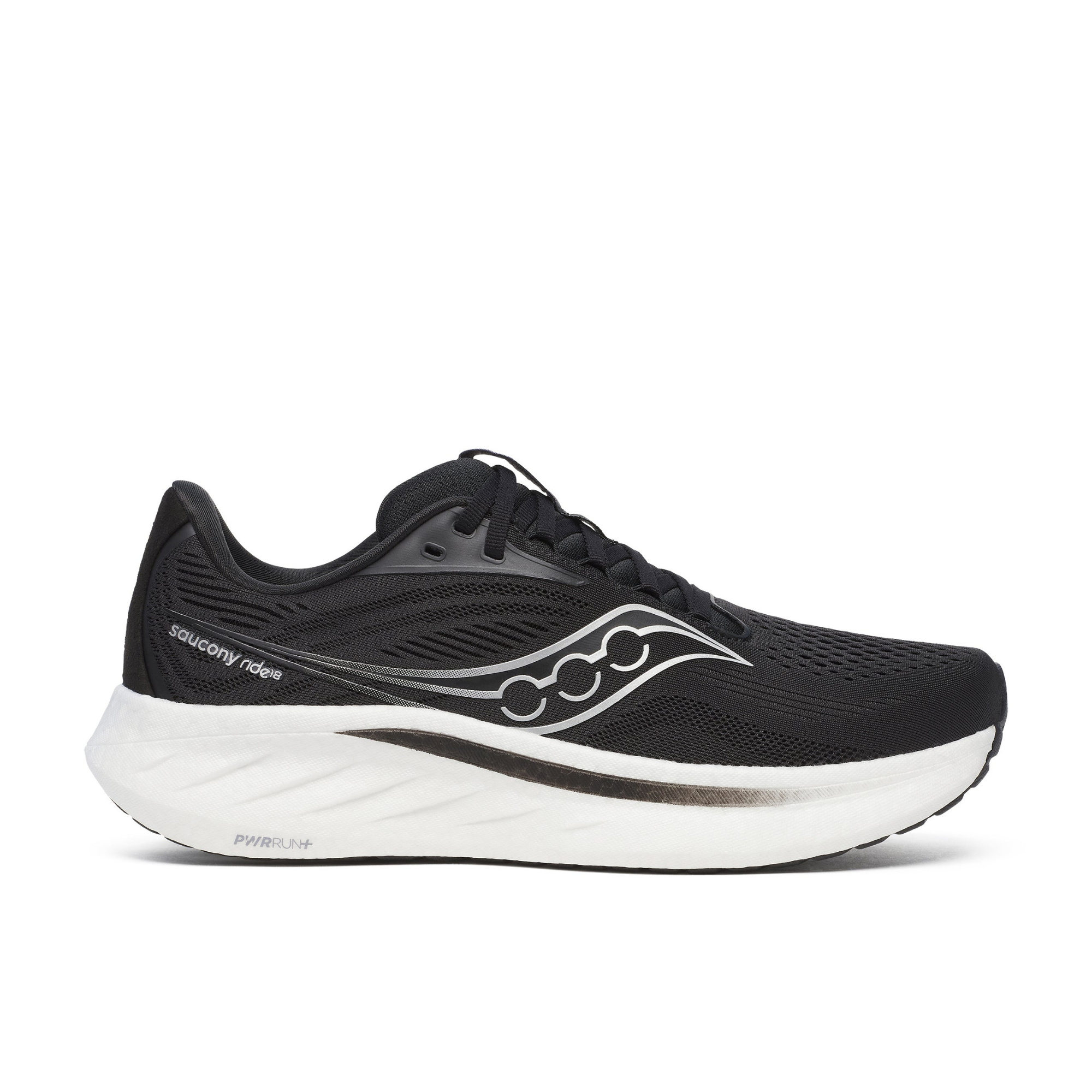 Black and white running shoe with 'Zoomx' technology on a white background