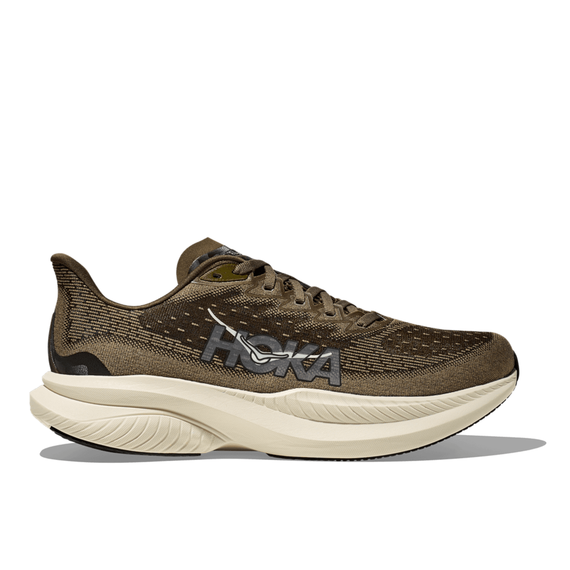 A HOKA running shoe in brown and beige, shown from a side profile view against a white background.