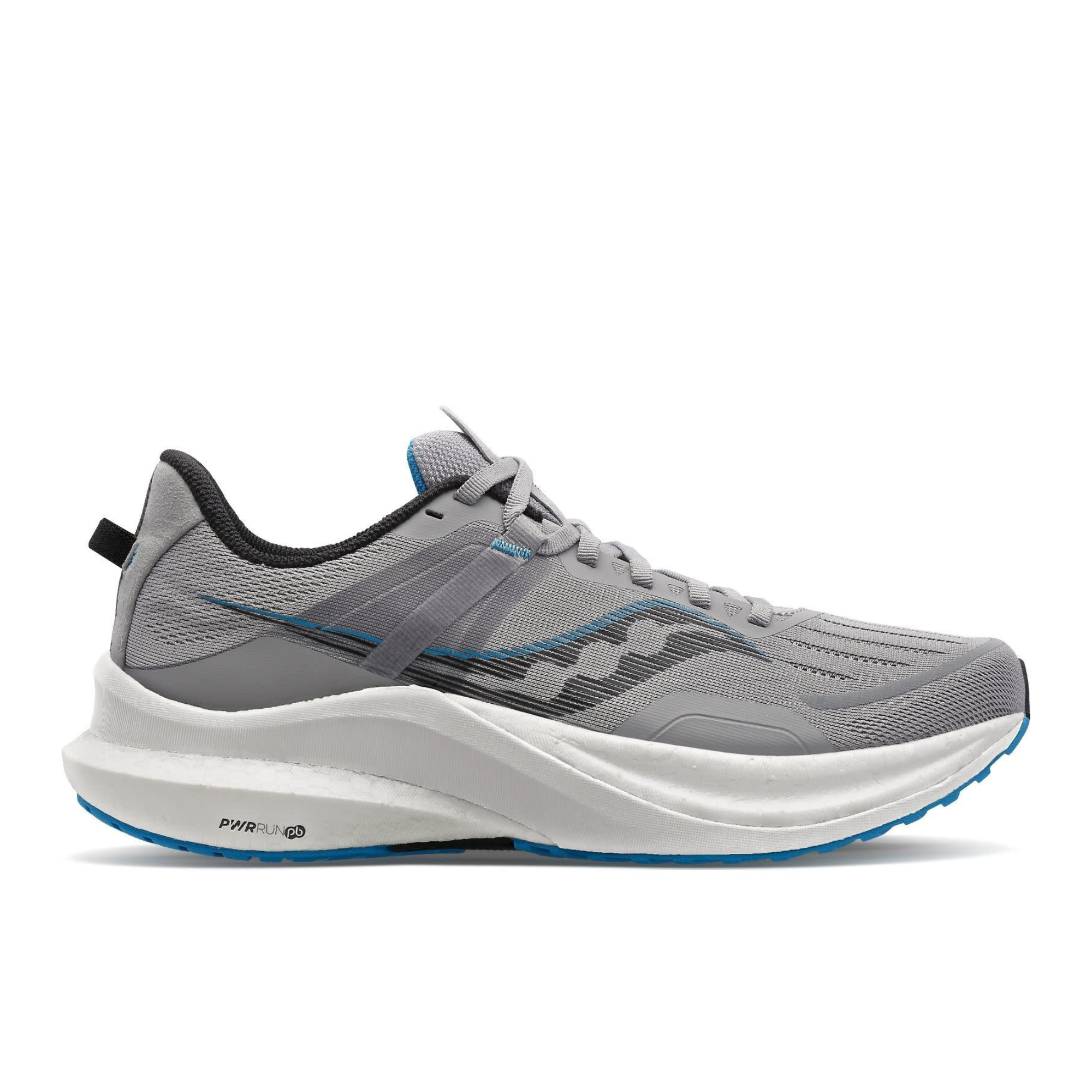 A gray and white running shoe with blue accents, shown in a side profile view against a solid white background.