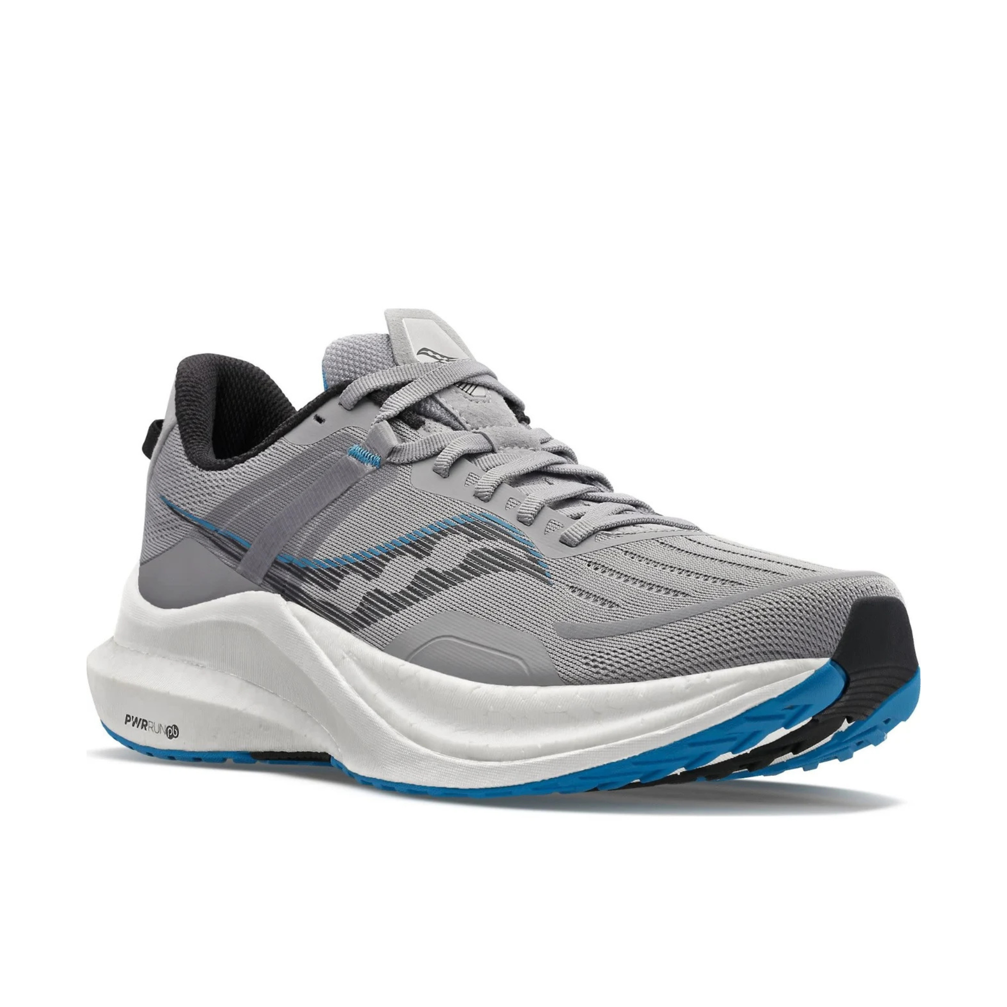 A gray running shoe with a thick white midsole, blue accents on the outsole and side, and black details, shown from a three-quarters angle on a white background.
