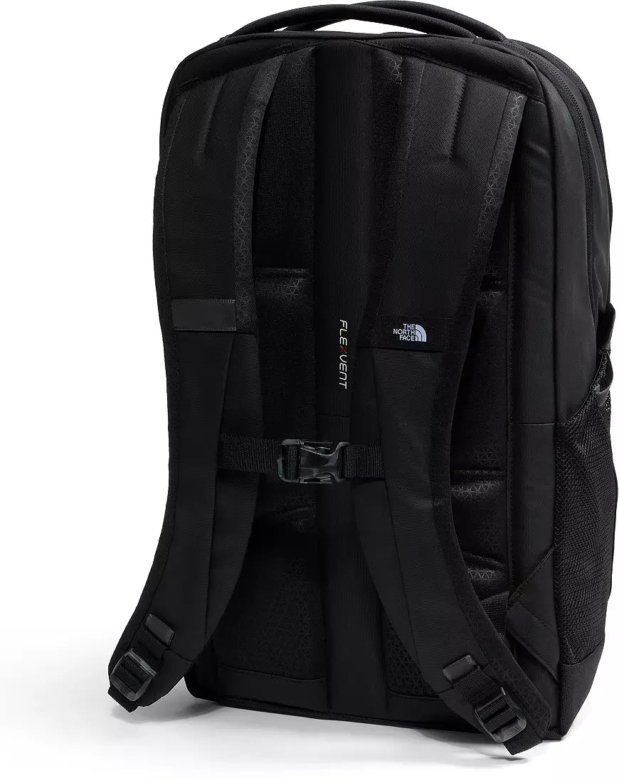 Black The North Face Fleece Light backpack shown from the back, featuring padded shoulder straps, a buckle closure, and a small white brand logo on a clean white background.
