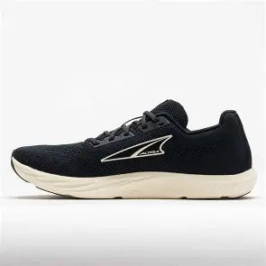 A black athletic sneaker with a white midsole and a silver Altra logo on the side, shown in profile against a light gray background.
