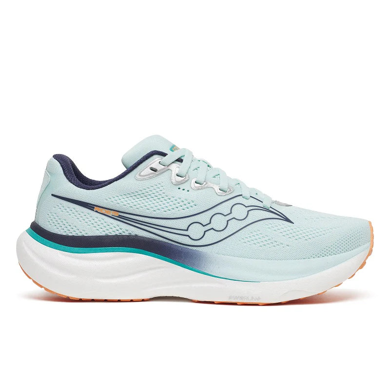 Light blue running shoe with white sole on a white background