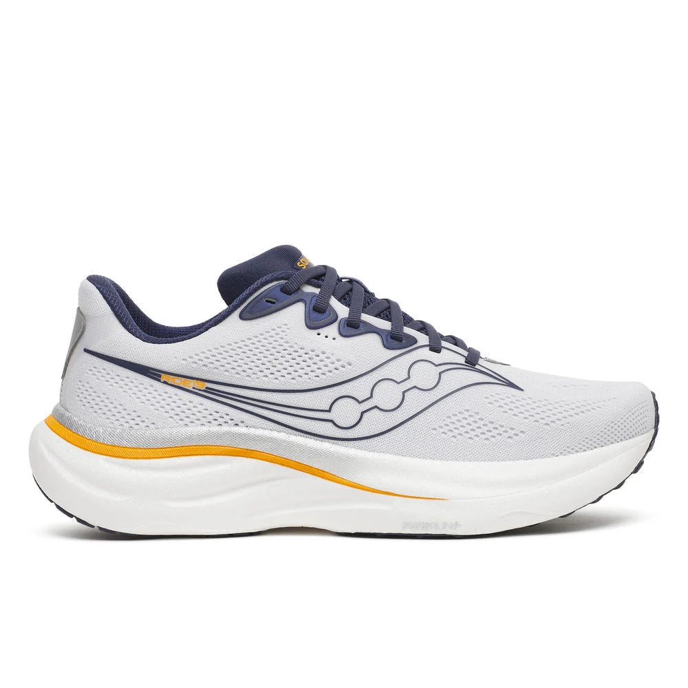 White running shoe with blue accents on a white background