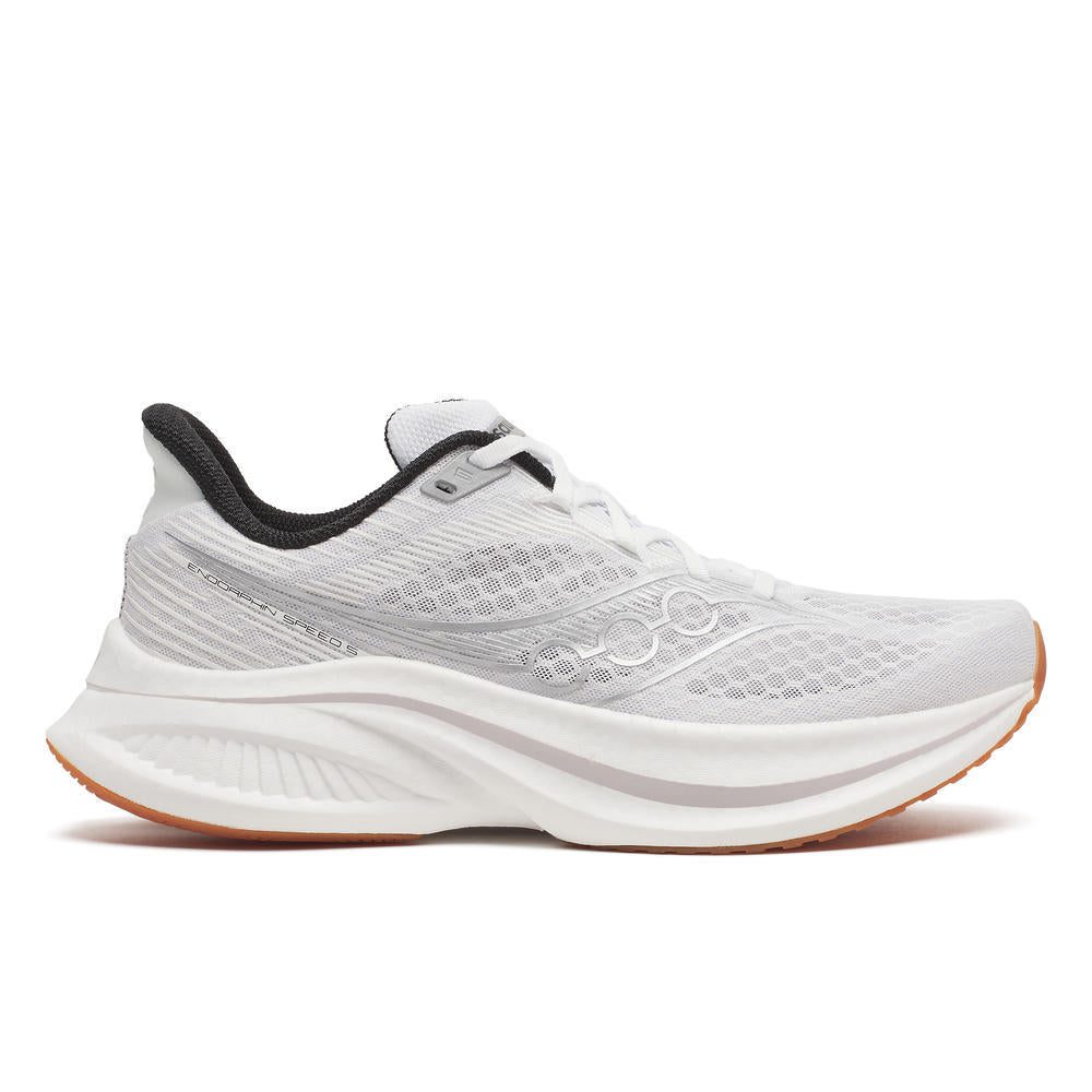 White running shoe with black accents on a white background