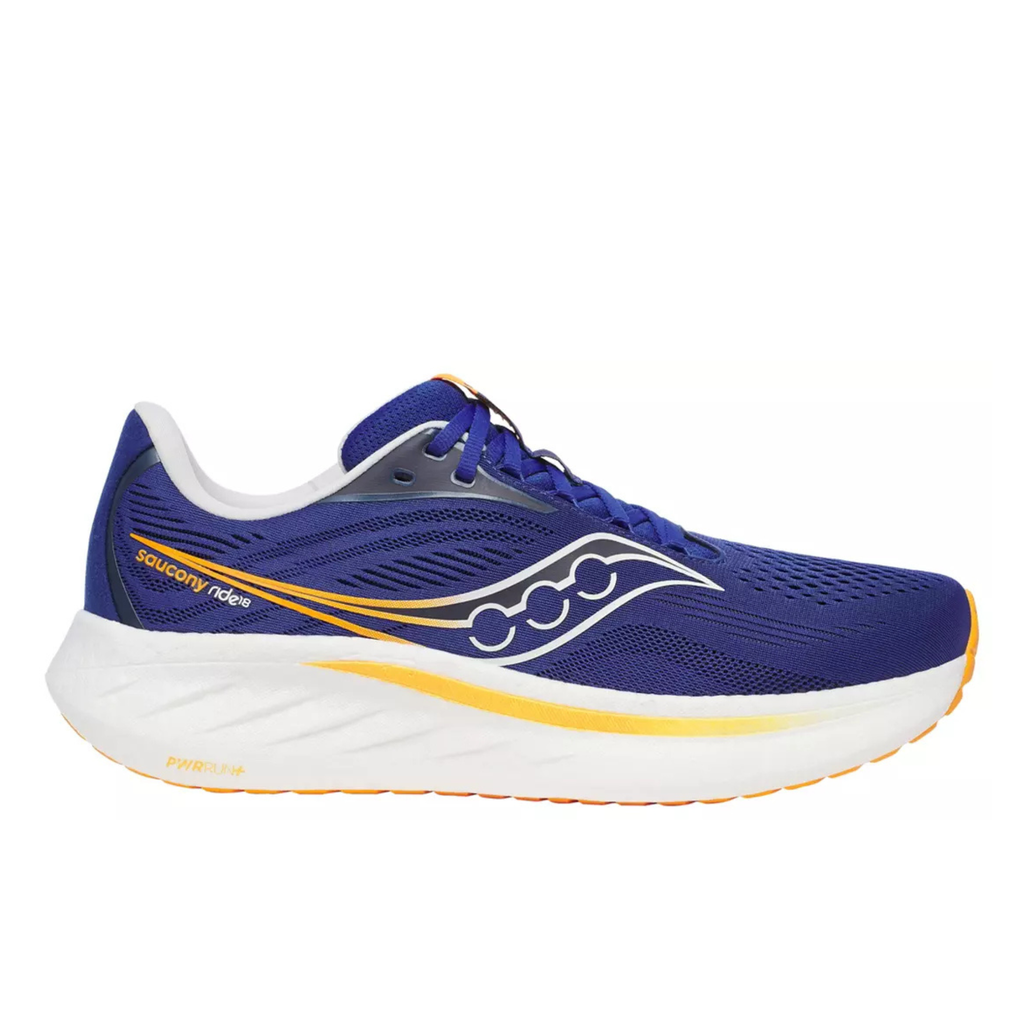 A Saucony running shoe in royal blue with a thick white midsole, yellow accents, and a white Saucony logo on the side, shown against a plain white background.