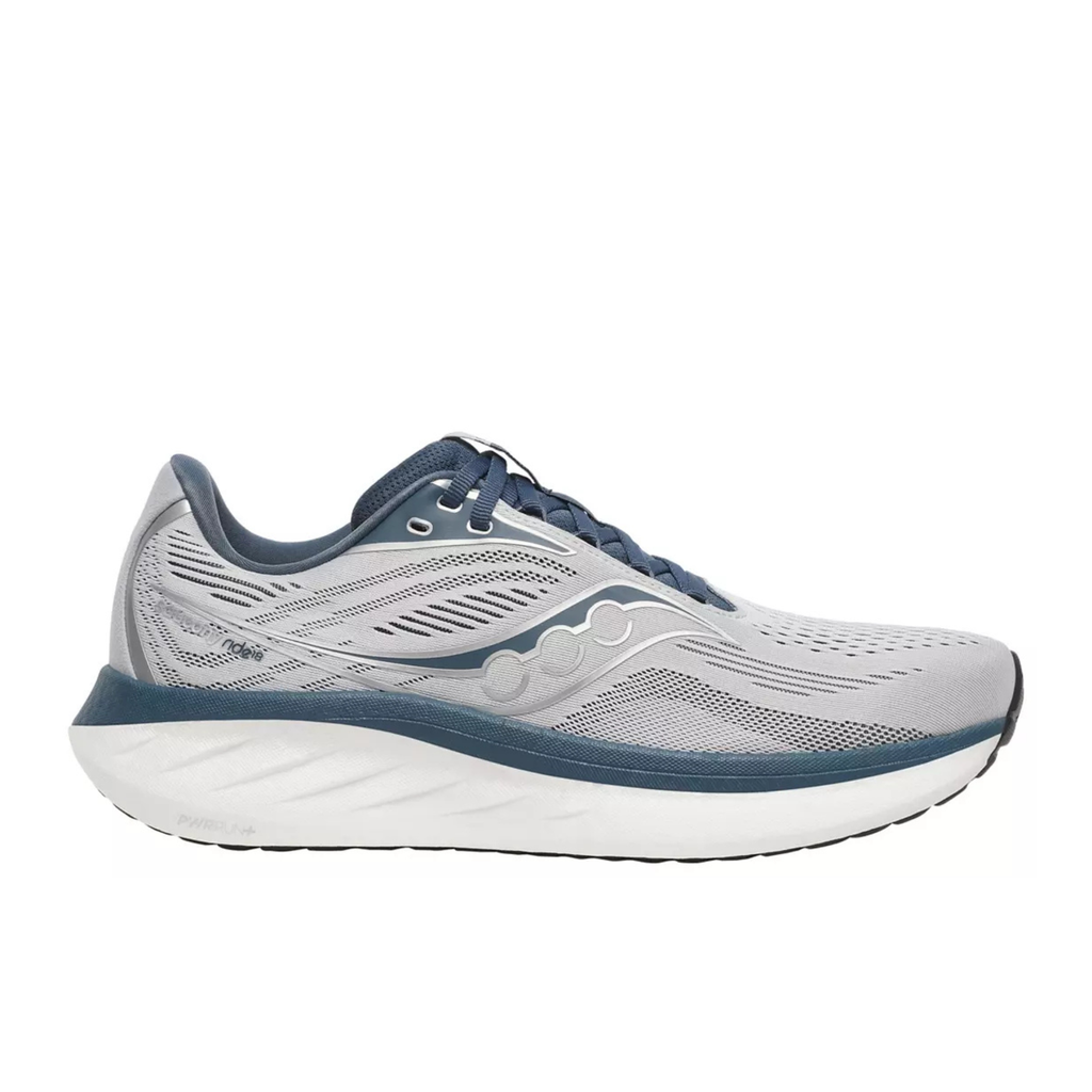 A Saucony running shoe in light gray and navy blue, shown from a side profile view against a plain white background.