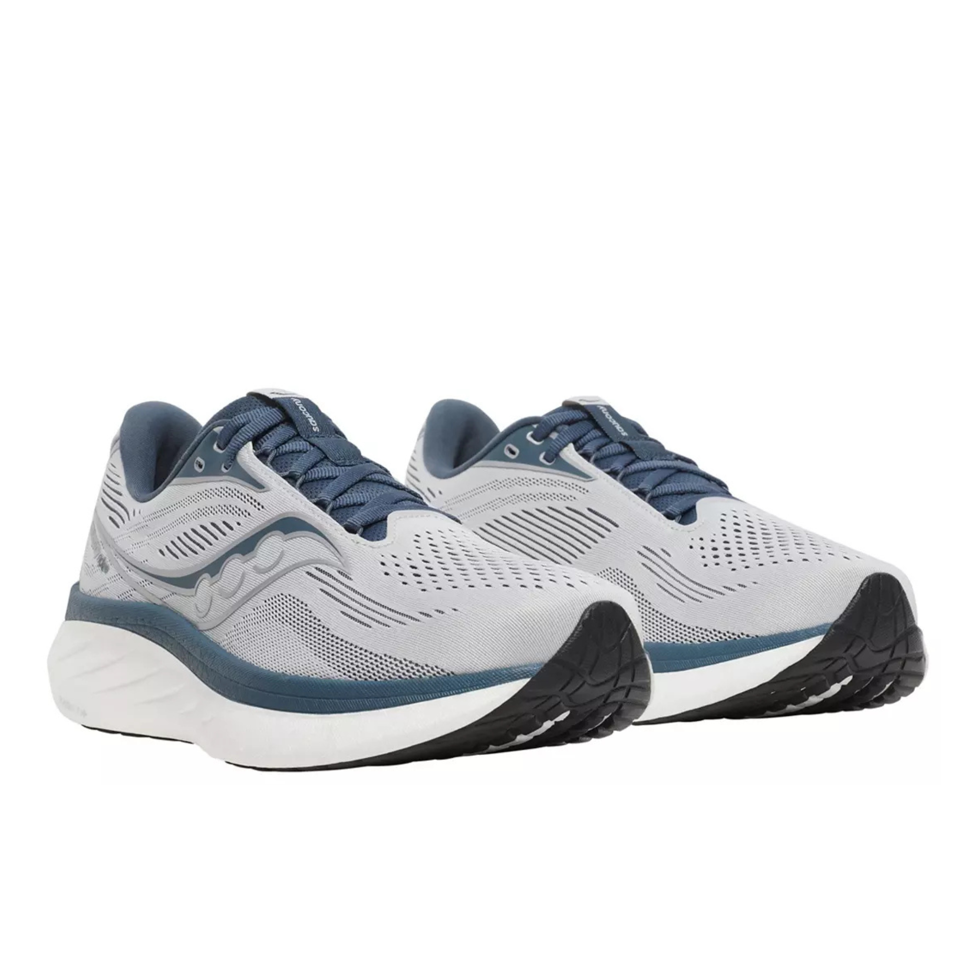 A pair of Saucony running shoes in light gray and navy blue, shown from a three-quarters angle against a plain white background.