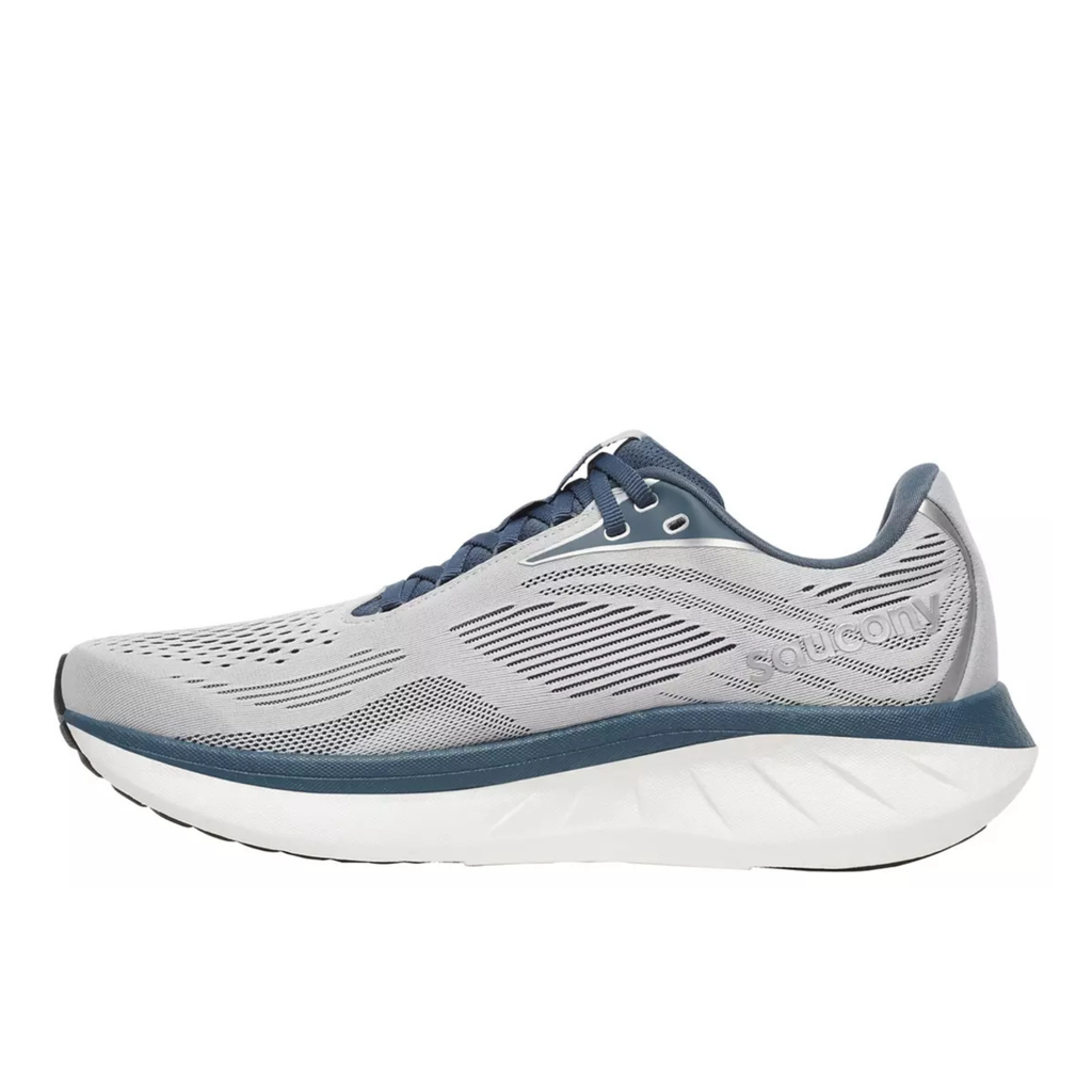 A light gray and navy blue running shoe with a thick white midsole, shown in a side profile view against a plain white background.