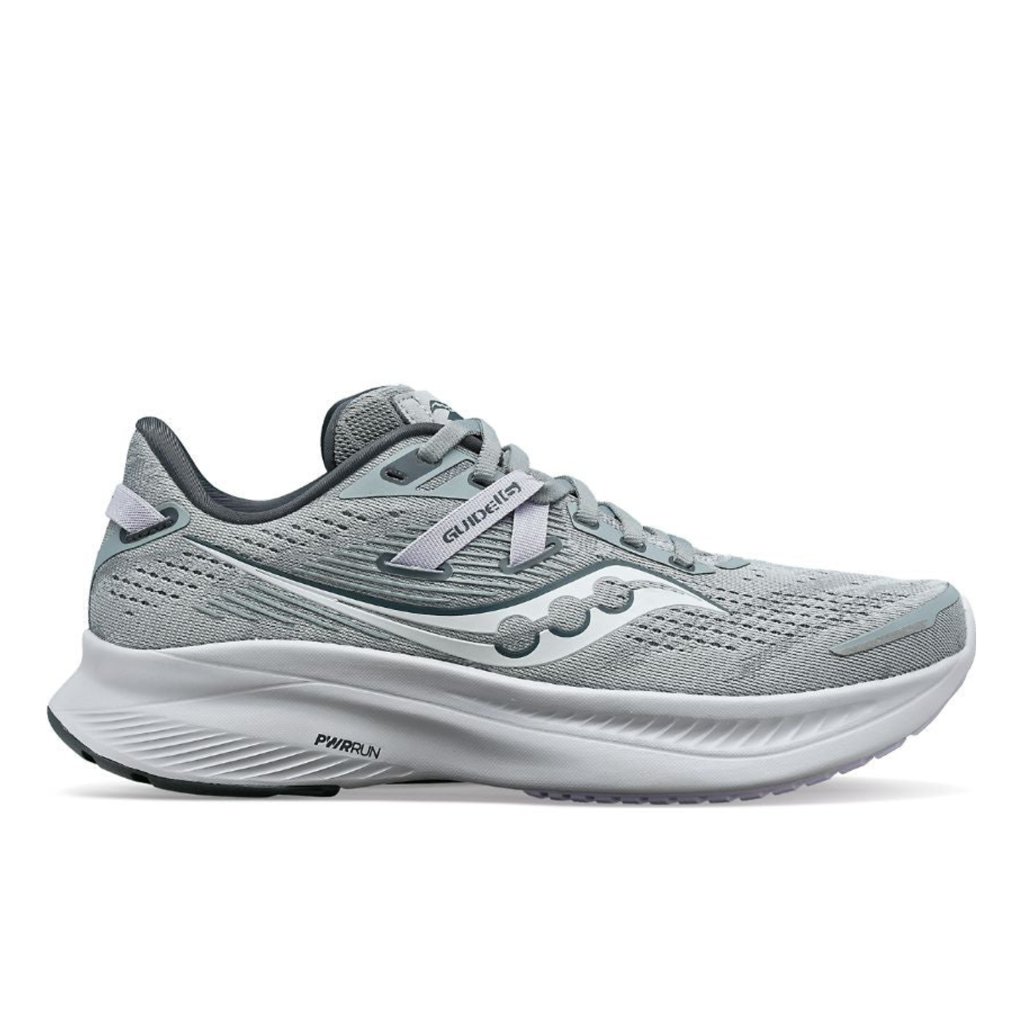 A Saucony running shoe in light gray and white, shown from a side profile view against a plain white background.