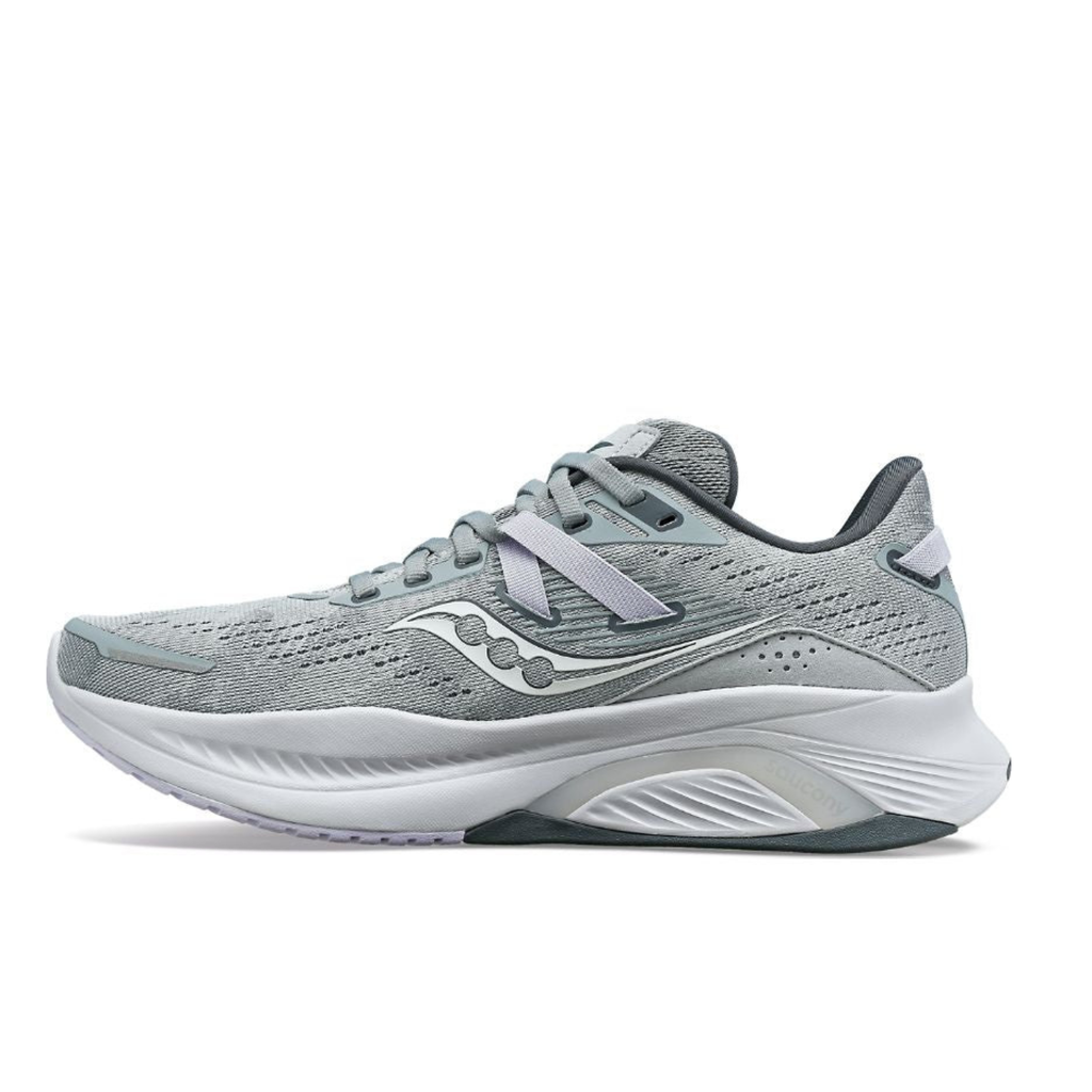 A light gray and white Saucony running shoe shown from the side against a plain white background.