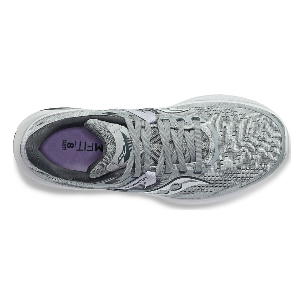 A top-down view of a Saucony running shoe in light gray and white, featuring a textured mesh upper, gray laces, and a purple interior lining with 'M-FIT GO PULS' text.