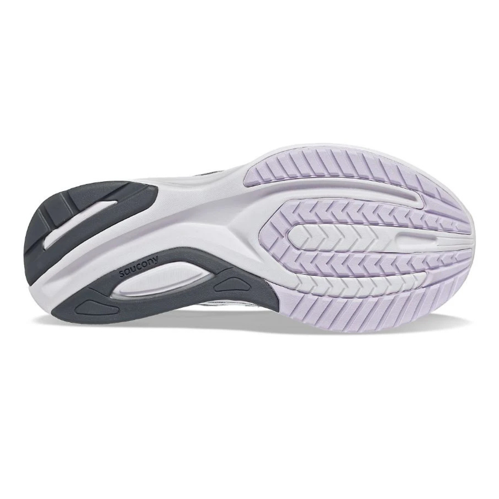 The outsole of a Saucony athletic shoe, showing a white and dark gray tread pattern with a light lavender-colored upper sole.