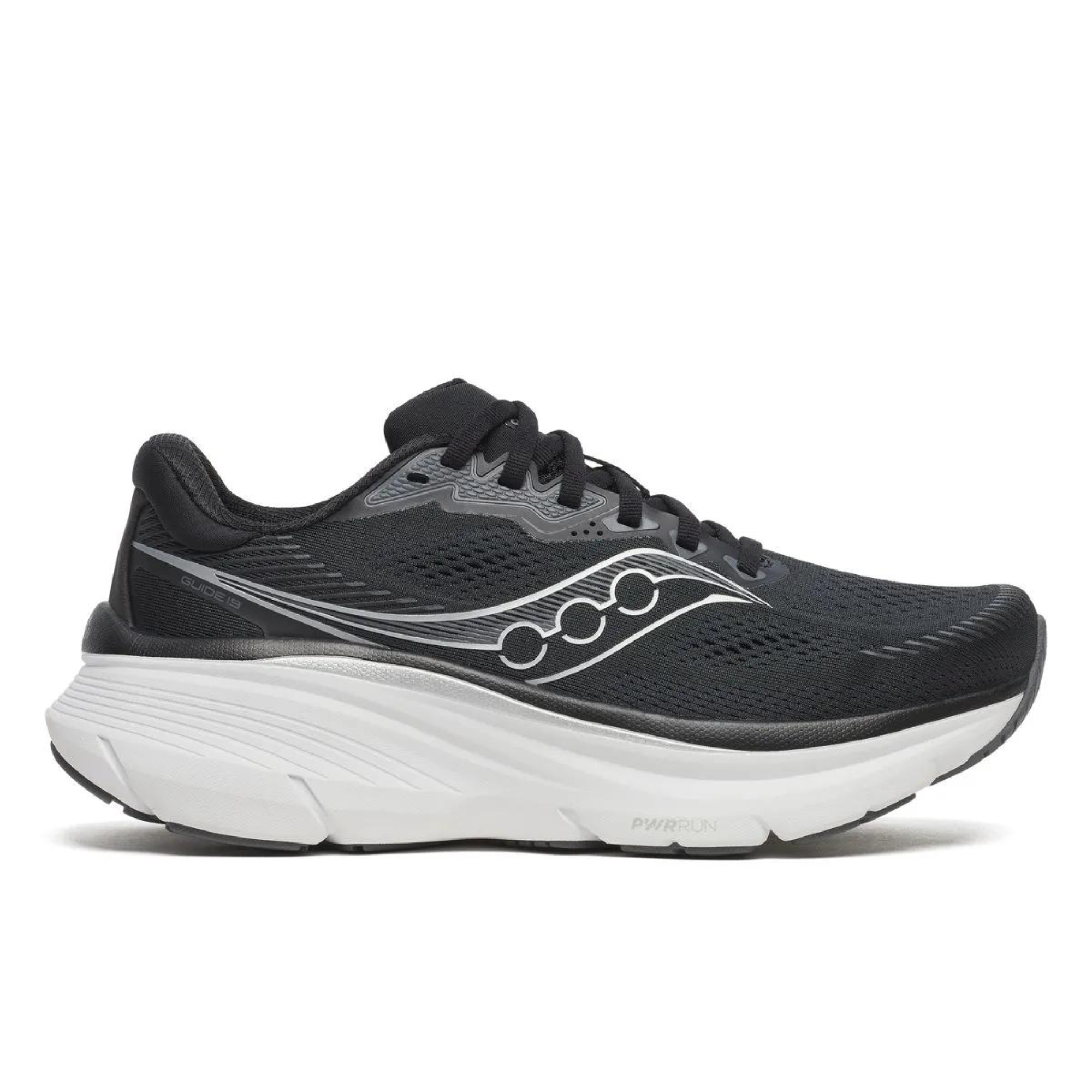 Black running shoe with white sole on a white background
