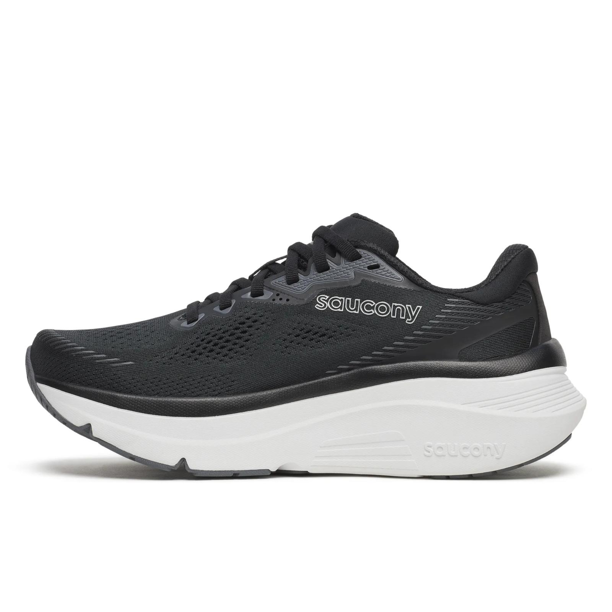 Black running shoe with white sole on a white background