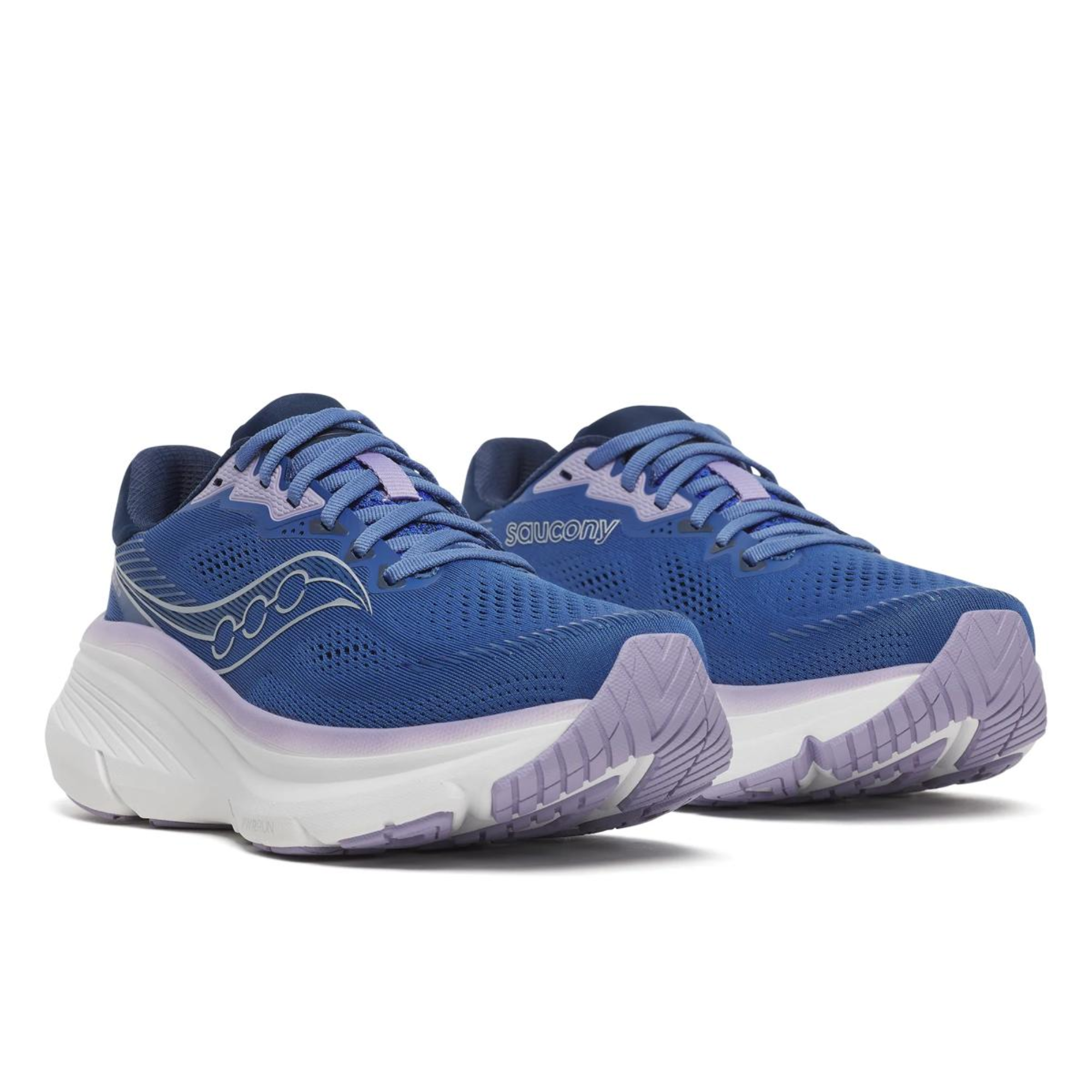 Blue and purple running shoes with Saucony logo on a white background