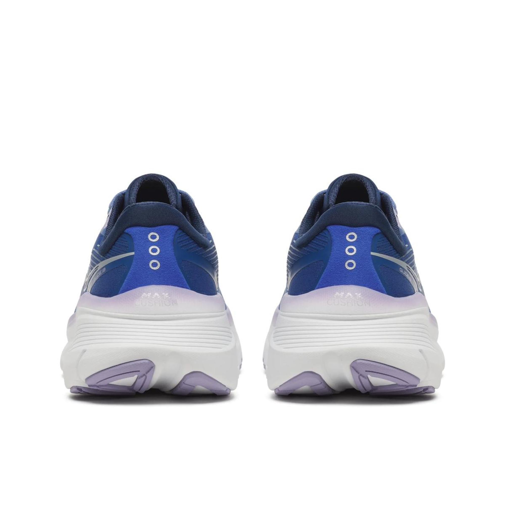 A pair of Hoka running shoes shown from the rear, featuring a navy blue upper with a vibrant blue and purple gradient heel counter, a thick white midsole, and light purple outsole accents.