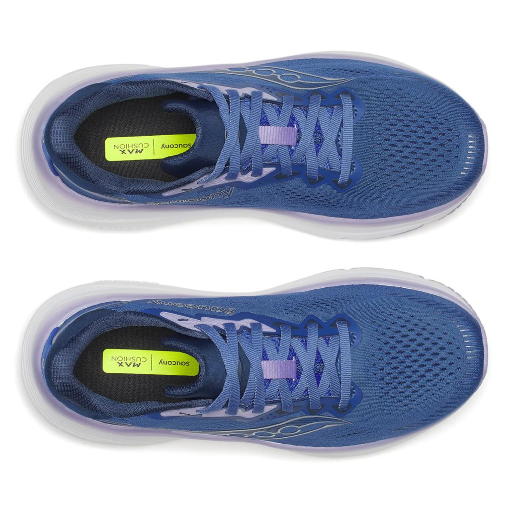 Blue running shoes with a white sole on a white background