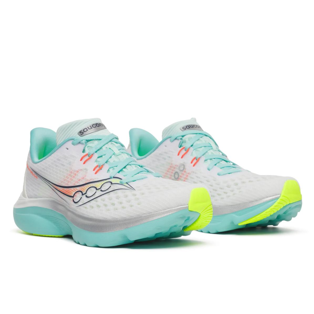 A pair of Saucony running shoes in white, mint green, and neon yellow, shown from a three-quarters angle on a white background.