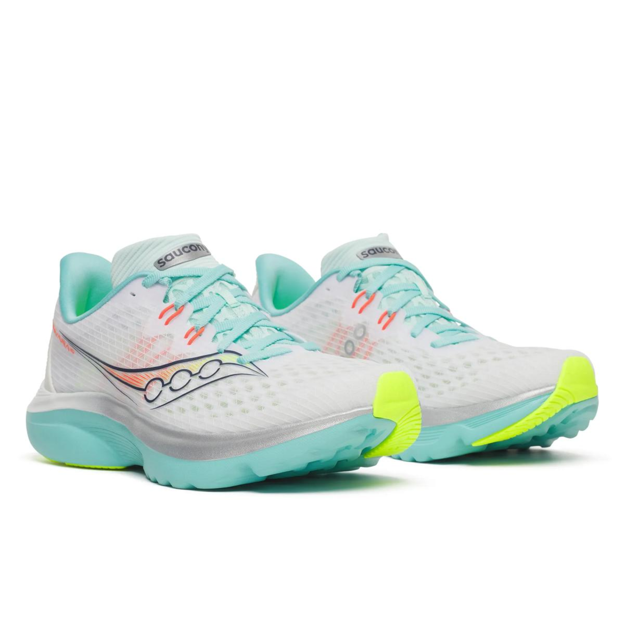 A pair of Saucony running shoes in white, mint green, and neon yellow, shown from a three-quarters angle on a white background.