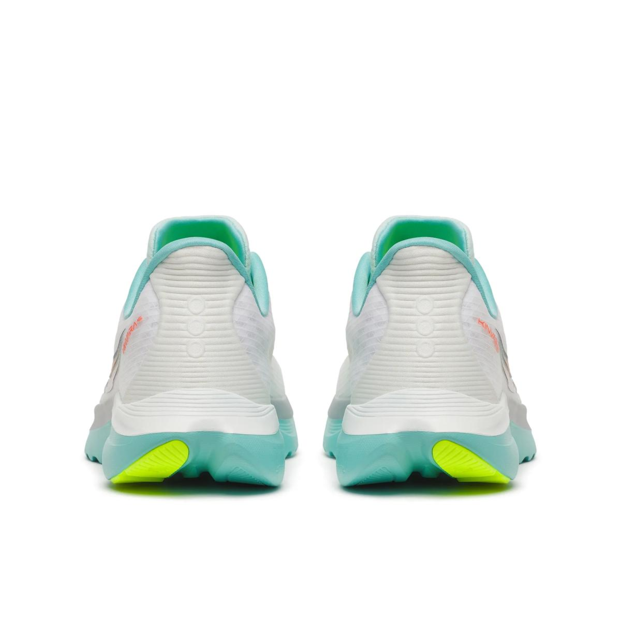 A pair of athletic sneakers shown from the back, featuring a white textured upper, mint green collar lining, and a thick mint green midsole with bright neon yellow accents on the outsole.