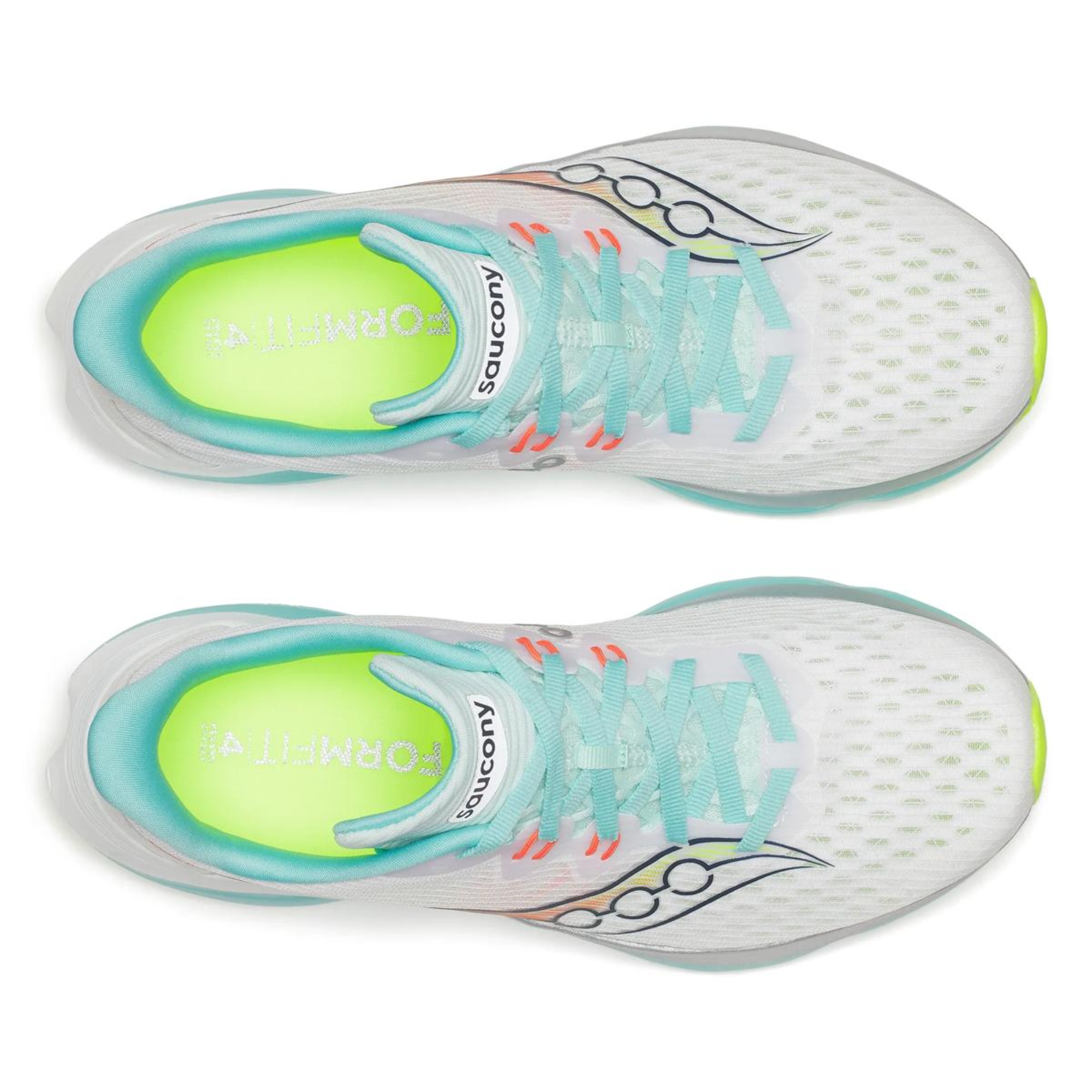 Pair of Saucony running shoes with white, green, and blue design on a white background
