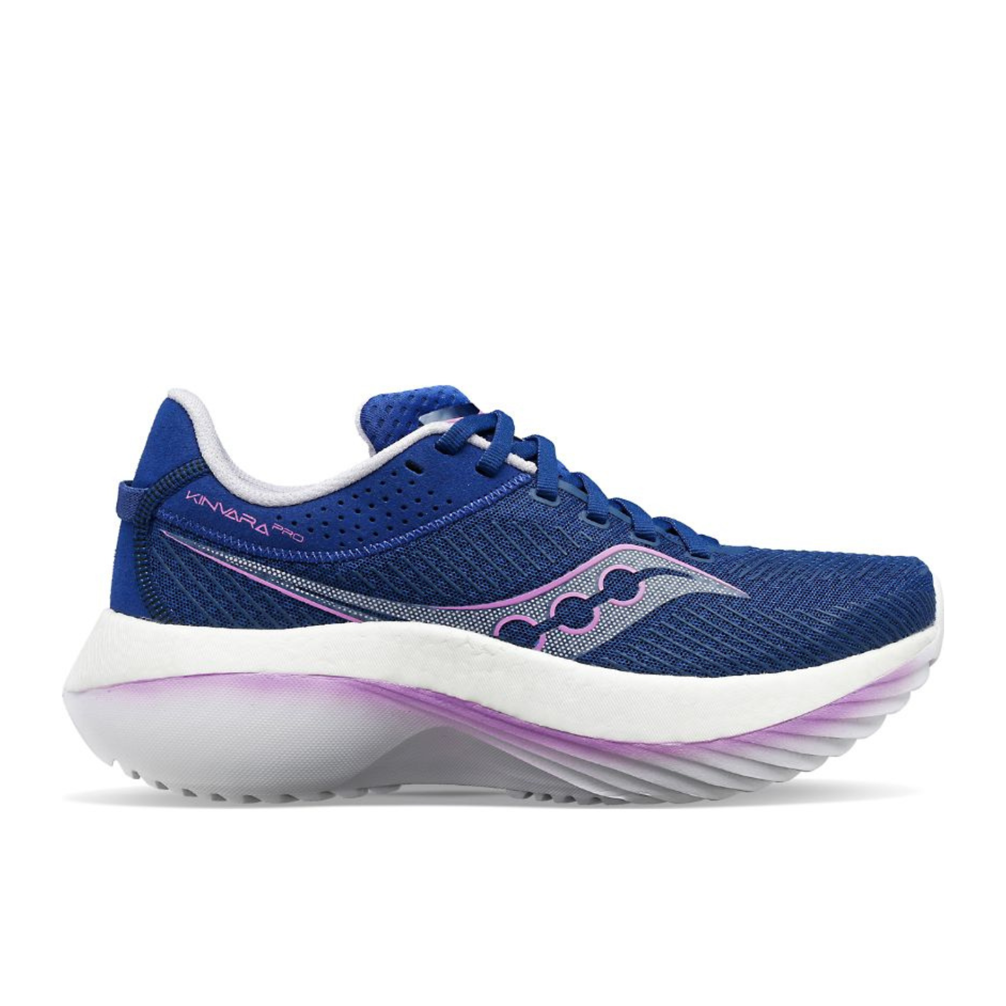 A Saucony running shoe in royal blue with a white midsole and purple accents, shown from a side profile on a white background.