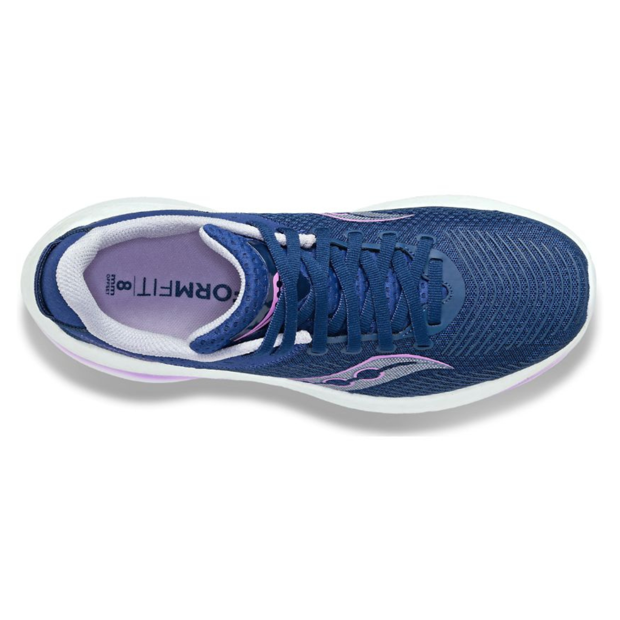 A top-down view of a blue running shoe with a white midsole and purple accents, including the brand name 'FORMFIT' on the inner lining.