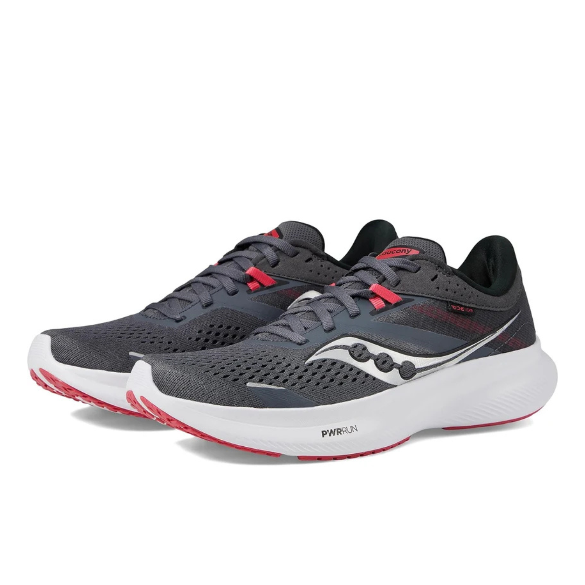 A pair of Saucony running shoes in dark gray and white with red accents, displayed against a clean white background.