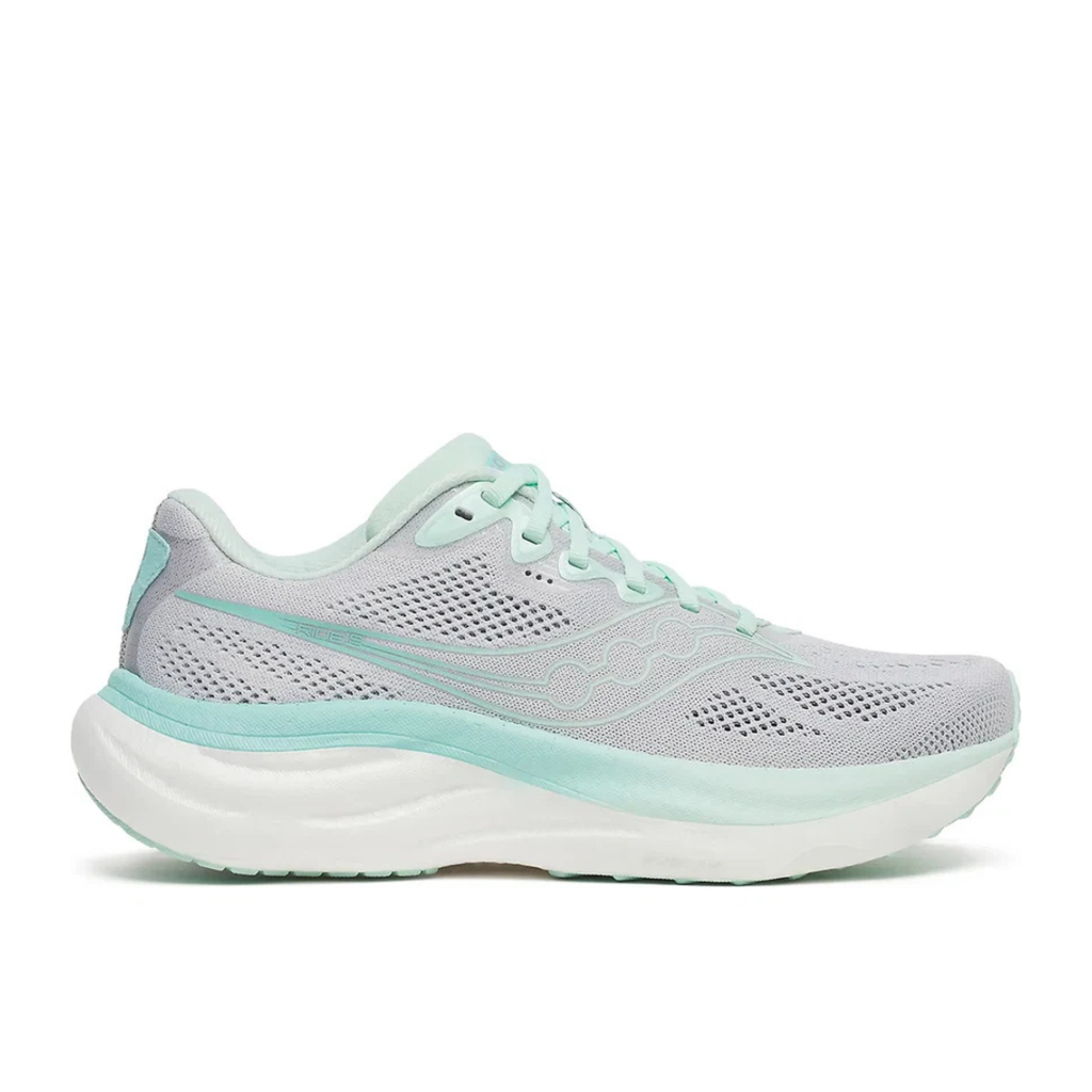 A light gray and mint green running shoe shown from the side against a white background.